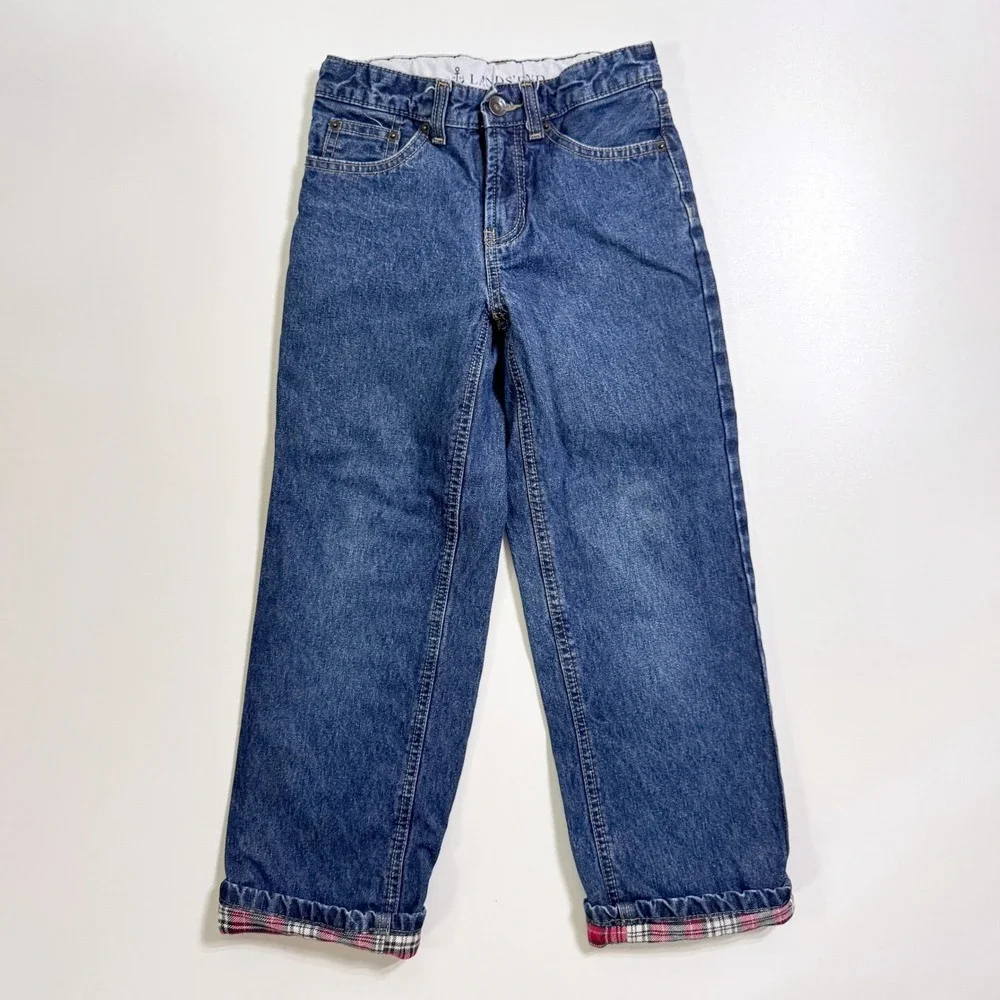 Lands End Flannel Lined Jeans Kids 10 Slim Plaid Straight Leg Adjustable Waist